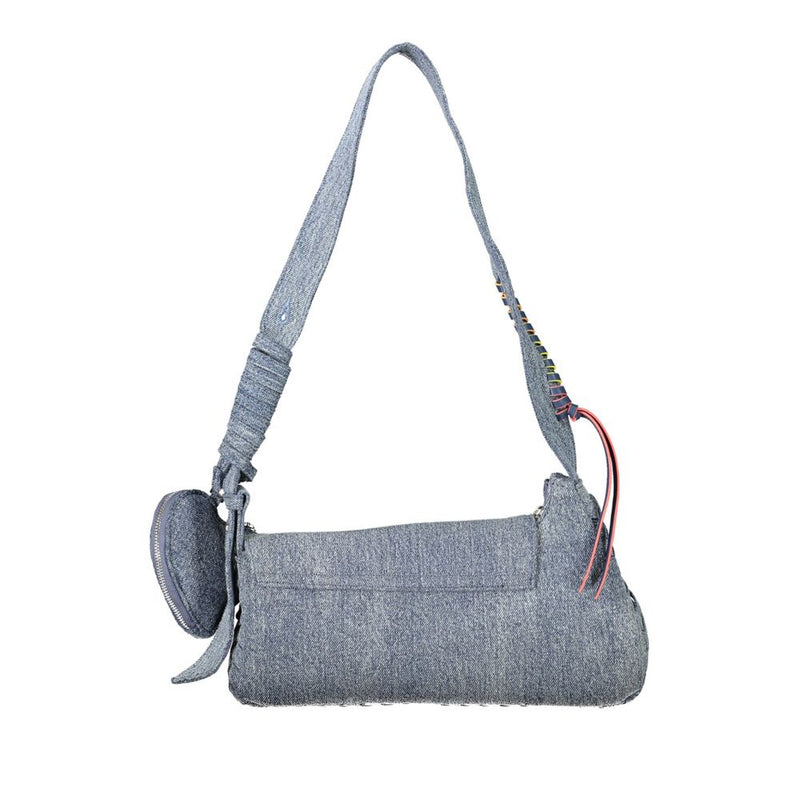 Blue denim shoulder bag with a slouchy design, single strap, and small attached coin pouch