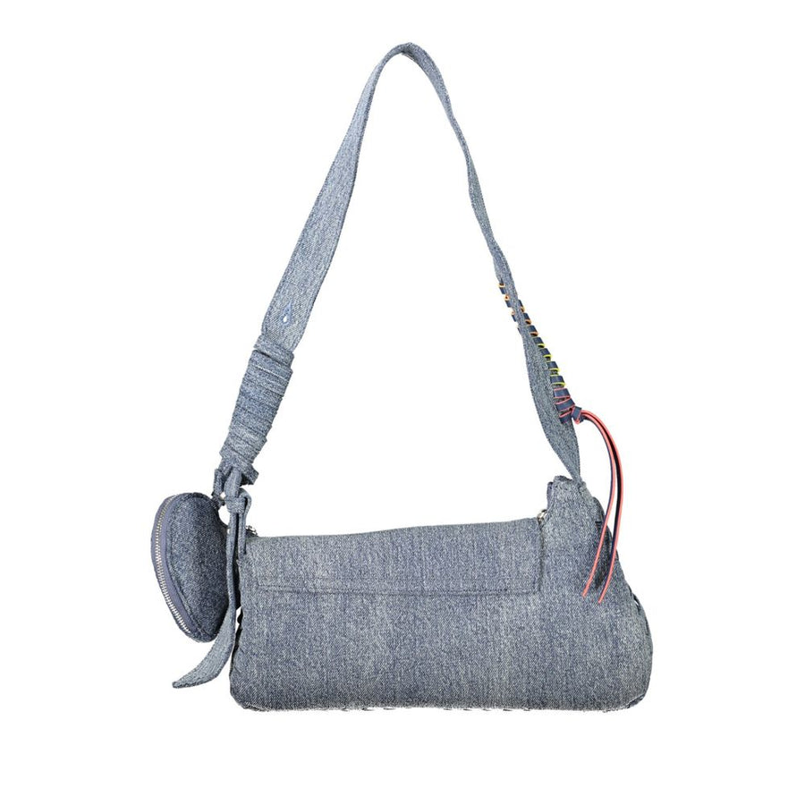 Blue denim cotton shoulder bag with multicolored stitching and a heart-shaped coin pouch