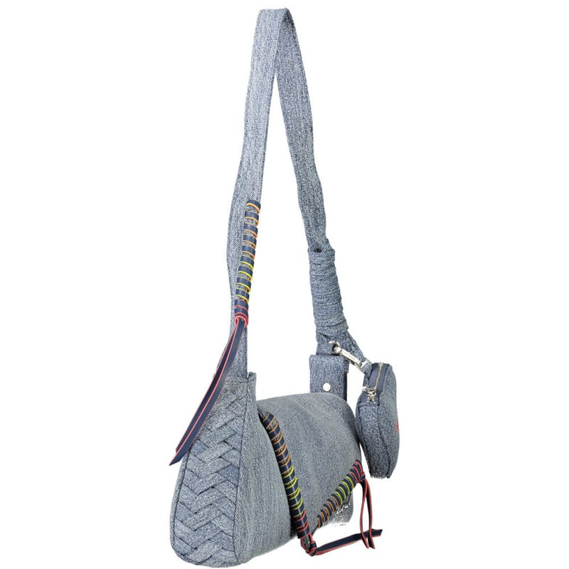 Blue denim women's shoulder bag with braided strap and attached coin purse