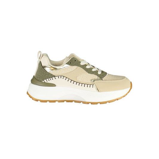 Laura Biagiotti women’s sneaker in beige and green polyurethane with a thick white sole and stitched detailing.