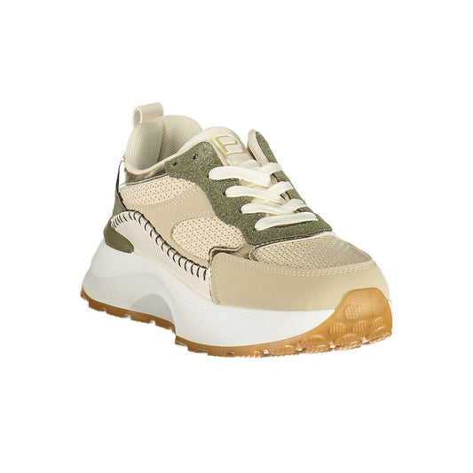 Laura Biagiotti women’s green and beige polyurethane platform sneaker with a sporty mesh design and gum sole.