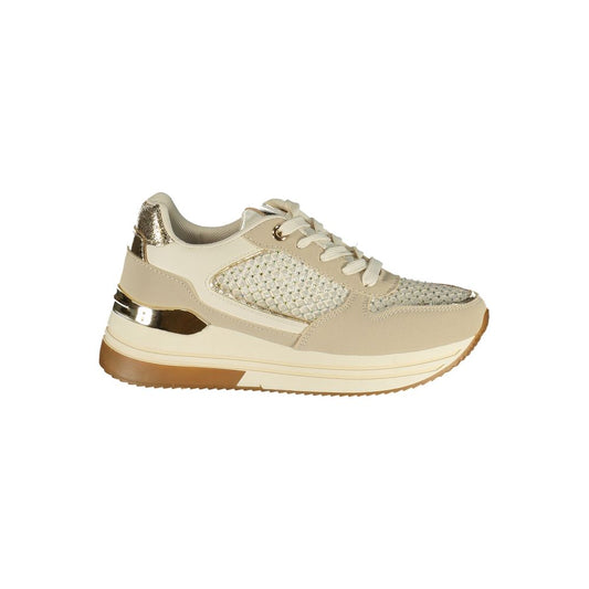 Laura Biagiotti beige polyurethane women’s sneaker with metallic mesh detailing and a platform rubber sole.