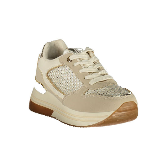 Laura Biagiotti beige polyurethane women’s fashion sneaker with rhinestone mesh detailing and a chunky rubber sole.
