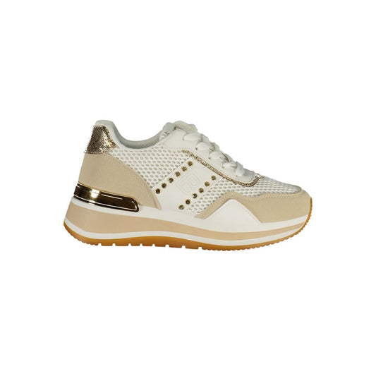 Laura Biagiotti white and beige polyurethane sneaker with mesh panels, metallic gold accents, and a platform sole.