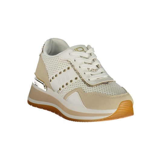 Laura Biagiotti white and beige polyurethane sneaker with mesh panels, gold studs, and a platform rubber sole.
