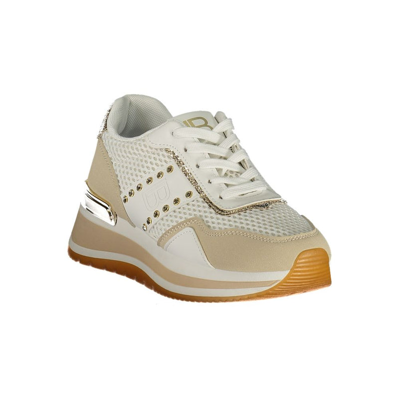 Laura Biagiotti white and beige polyurethane sneaker with mesh panels, gold studs, and a platform rubber sole.