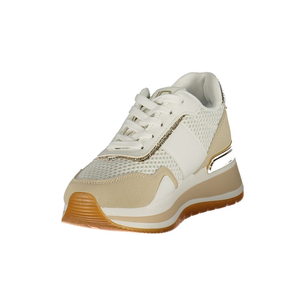 Laura Biagiotti white and beige polyurethane platform sneakers with mesh details and gold accents.