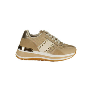 Laura Biagiotti beige polyurethane women’s lace-up sneaker with mesh details, gold accents, and a platform sole.