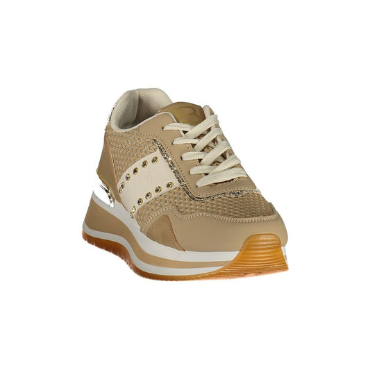 Beige polyurethane Laura Biagiotti platform sneaker with gold stud details and textured mesh panels.