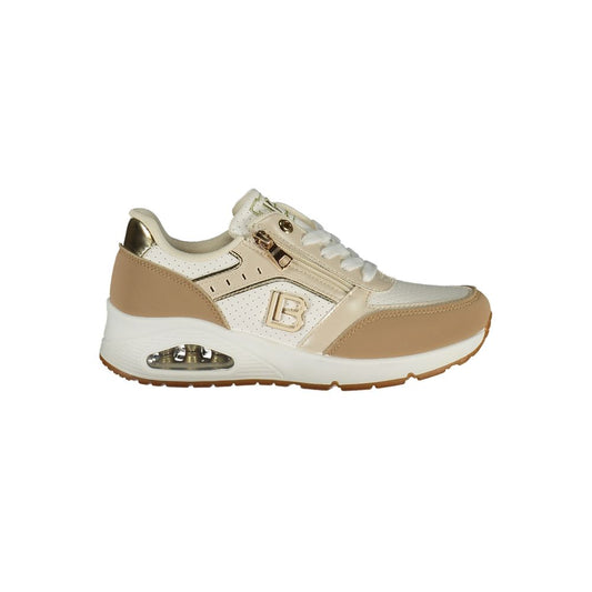 Beige and white polyurethane Laura Biagiotti women's sneaker with gold logo and side zip detail.