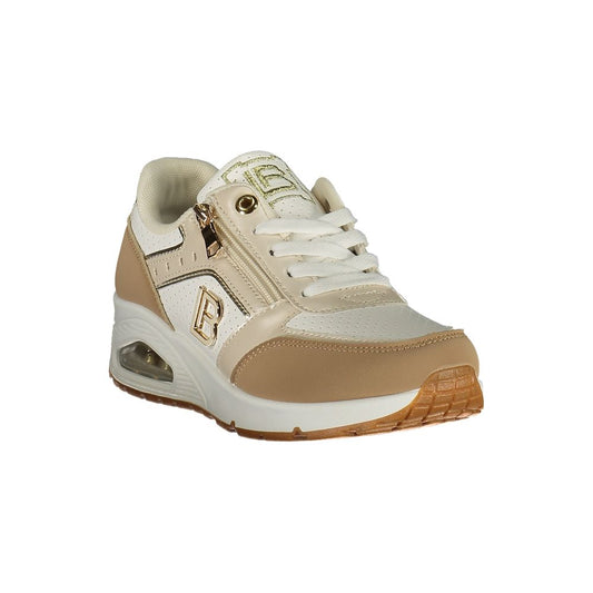 Beige and white polyurethane Laura Biagiotti sneaker with gold logo and side zipper, platform style.