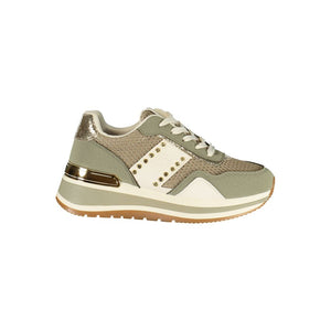 Laura Biagiotti olive green and cream polyurethane platform sneakers with gold metallic accents and mesh panels.