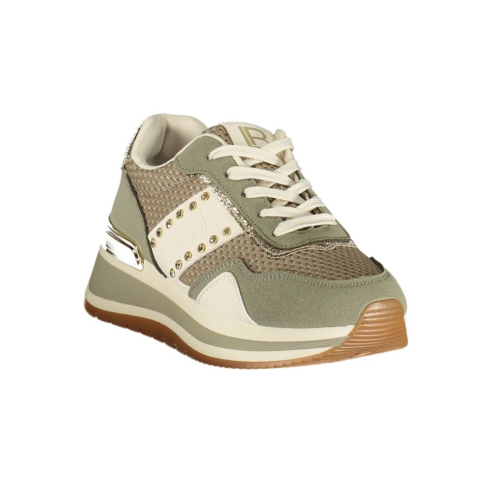 Laura Biagiotti women’s green and beige polyurethane platform sneaker with glittery mesh and gold stud accents.