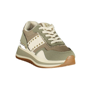 Laura Biagiotti women’s green and beige polyurethane platform sneaker with glittery mesh and gold stud accents.