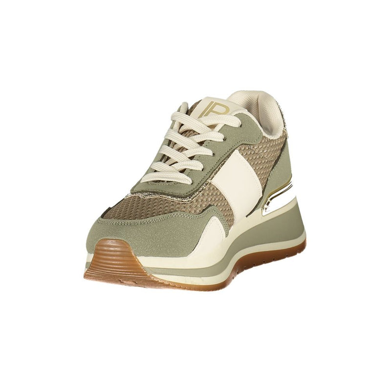 Laura Biagiotti olive green polyurethane platform sneakers featuring mesh panels and a white lace-up closure.