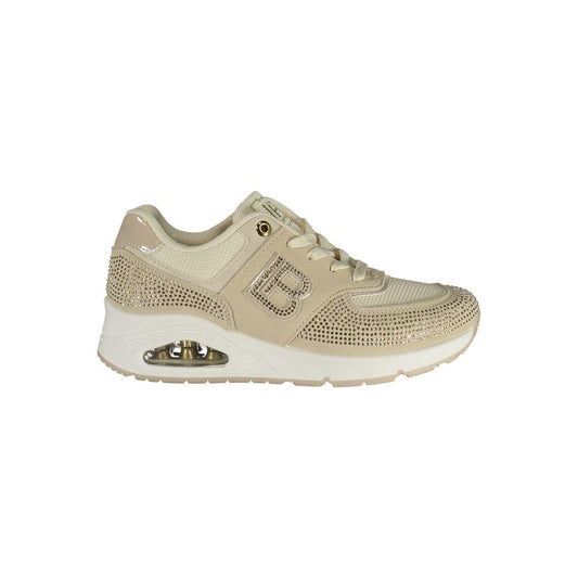 Laura Biagiotti beige polyurethane women's sneaker with rhinestones, lace-up closure, and a chunky platform sole.