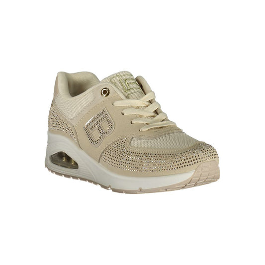 Laura Biagiotti beige polyurethane women’s sneaker with rhinestone embellishments and a chunky sole.