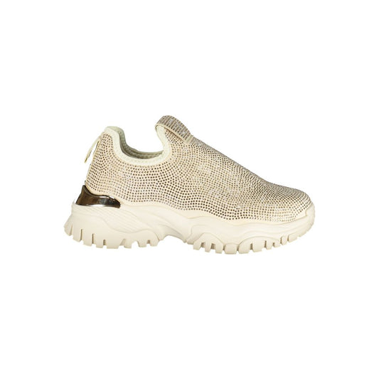 Laura Biagiotti beige polyurethane slip-on sneaker covered in rhinestones with a thick, chunky lug sole.