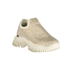 Beige Laura Biagiotti polyurethane slip-on sneaker featuring a rhinestone-embellished upper and a chunky rubber sole.