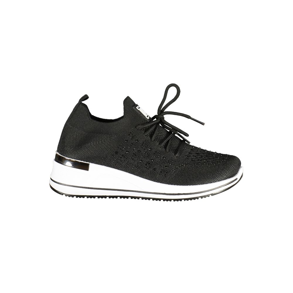 Black Laura Biagiotti polyester lace-up sneaker with a metallic detail on a white wedge sole.