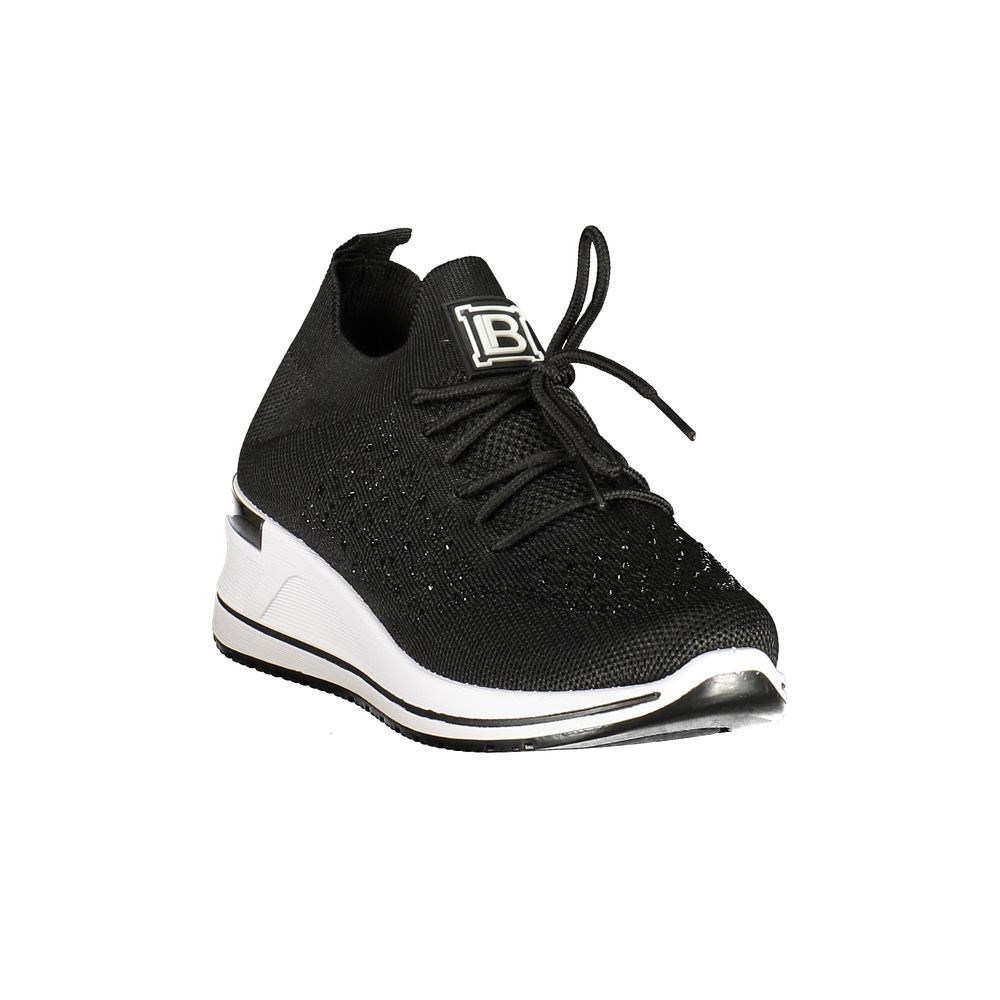 Black Laura Biagiotti polyester lace-up sneaker with rhinestone detailing and a white wedge sole.