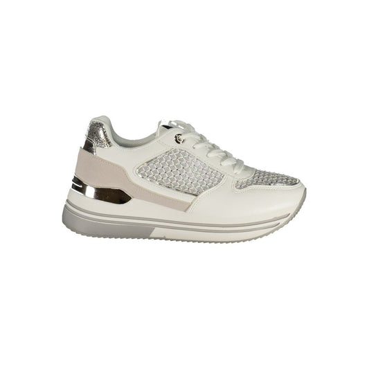 White Laura Biagiotti polyurethane women's fashion sneaker with silver mesh details and a chunky sole.
