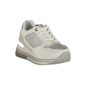 White Laura Biagiotti polyurethane women's platform sneaker with silver metallic glitter mesh details.