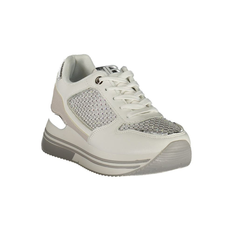 White Laura Biagiotti polyurethane women's platform sneaker with silver metallic glitter mesh details.