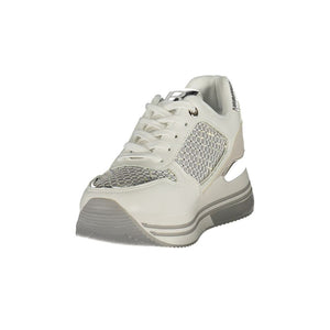 White polyurethane platform sneaker for women with mesh detailing and metallic silver accents.