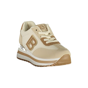 Laura Biagiotti beige polyurethane women's sneaker with lace-up closure, mesh panels, and platform sole with "B" logo.