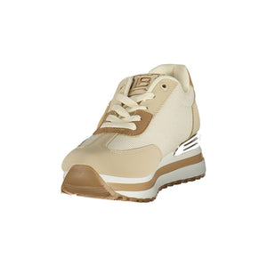 Laura Biagiotti beige polyurethane women's sneaker with mesh details, platform sole, and metallic accent.