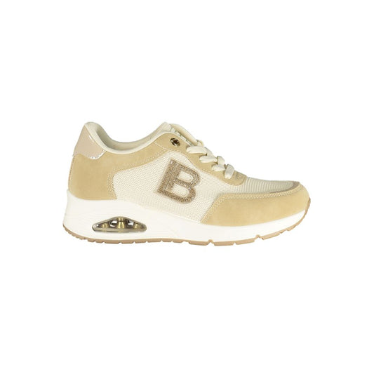 Laura Biagiotti beige polyurethane women's sneaker with lace-up design and branded side detail.