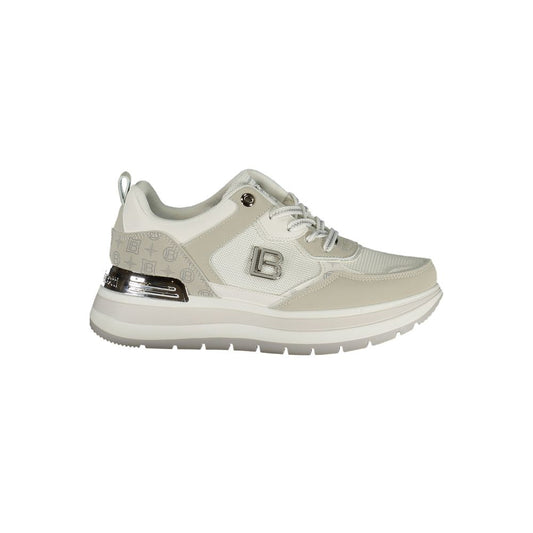 Laura Biagiotti white polyurethane women’s platform sneaker with logo details and metallic accents.