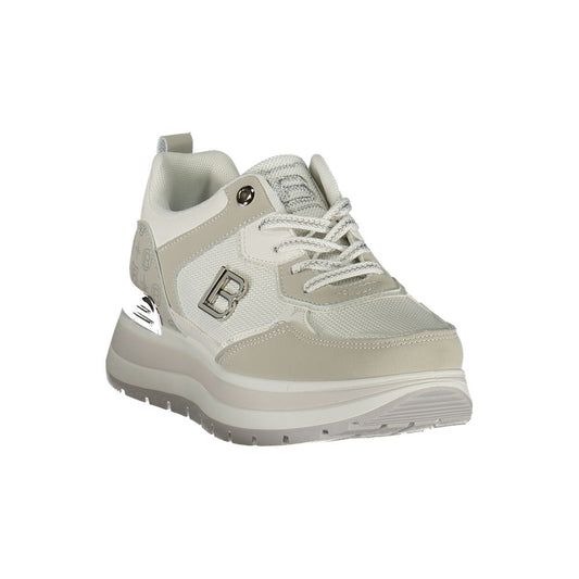 White polyurethane Laura Biagiotti women's platform sneaker with a metallic logo and sporty design.