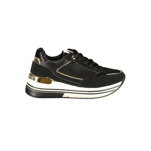 Laura Biagiotti women's black and gold polyurethane platform sneakers with textured side panels and lace-up closure.