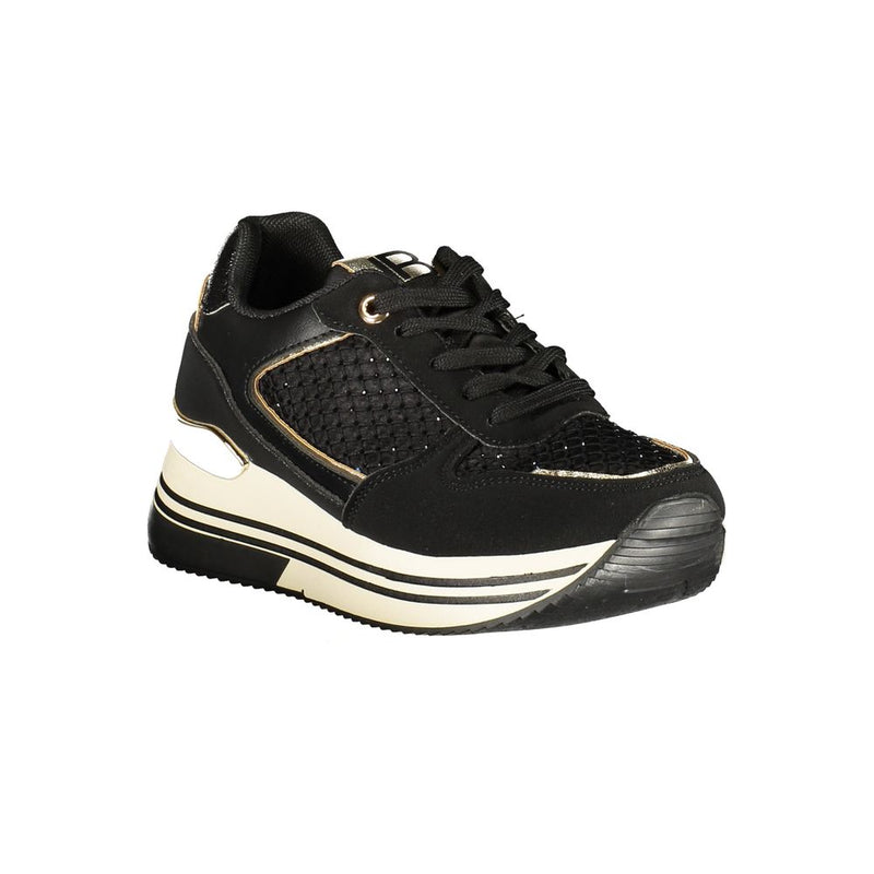Black Laura Biagiotti platform sneakers in polyurethane with gold trim and textured side panels.