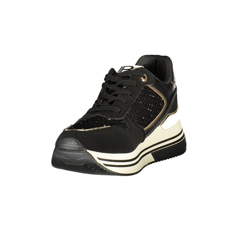 Laura Biagiotti black polyurethane platform women's sneaker with lace-up style and gold metallic accents.
