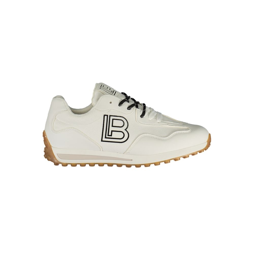 White sneaker with black logo on a white background
