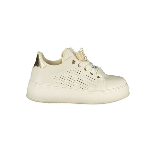 Laura Biagiotti white polyurethane platform sneaker with perforated side panel and gold heel accent.
