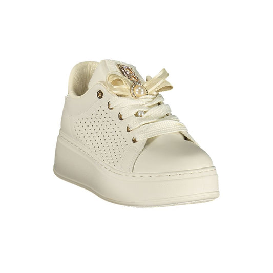 White polyurethane Laura Biagiotti platform sneaker with a perforated side, satin ribbon, and pearl embellishment.