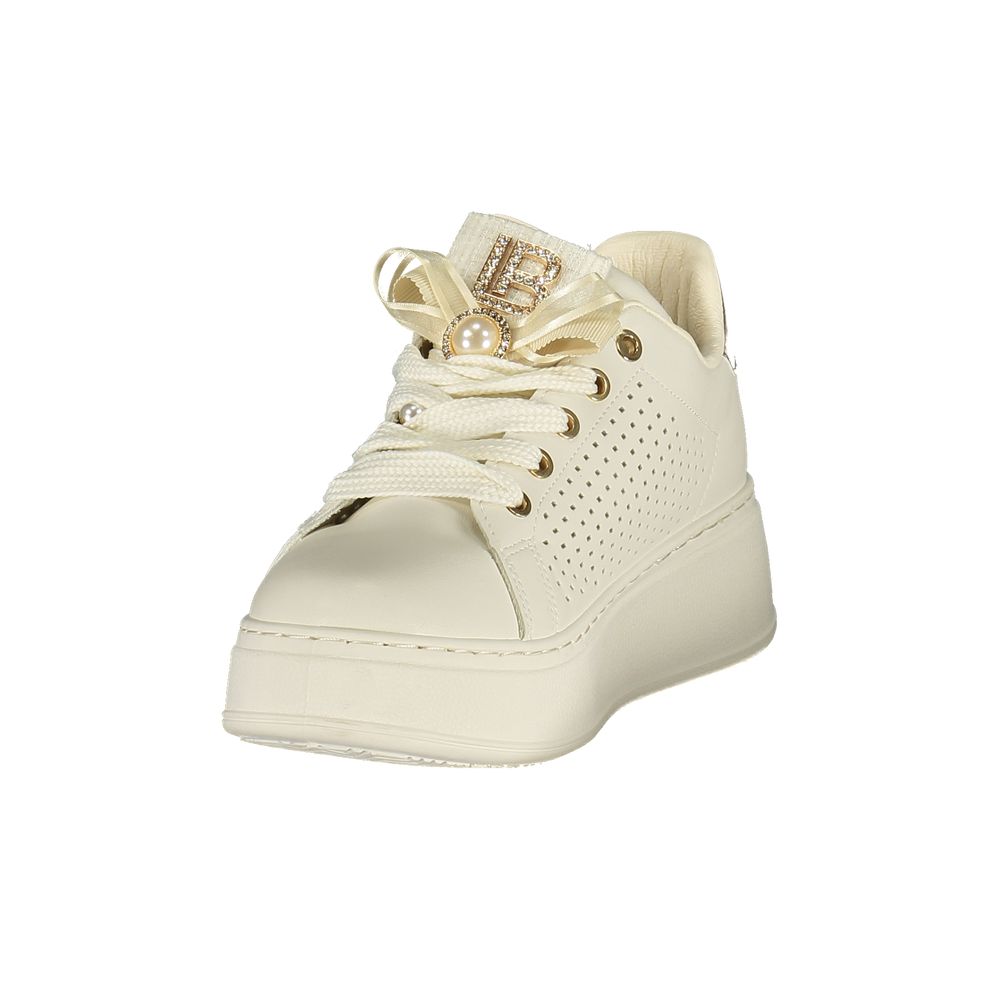 Laura Biagiotti white polyurethane women’s platform sneaker with pearl, bow, and rhinestone logo detailing.