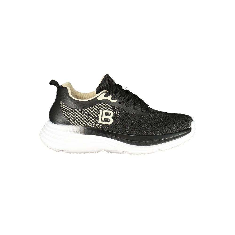 Black sneaker with a brand logo on a white background