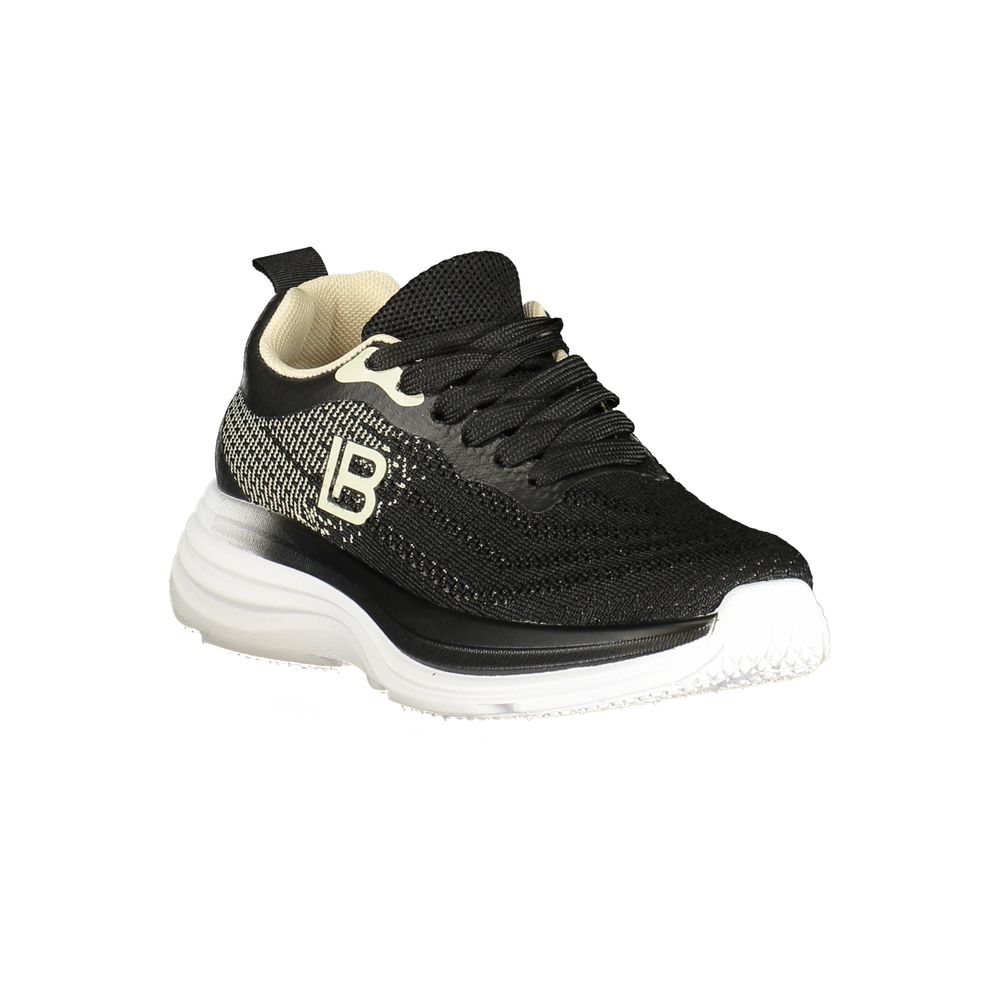 Black sneaker with a brand logo on a white background