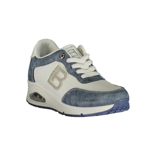 Laura Biagiotti blue and white polyester lace-up sneaker with a rhinestone 'B' logo and a thick cushioned sole.