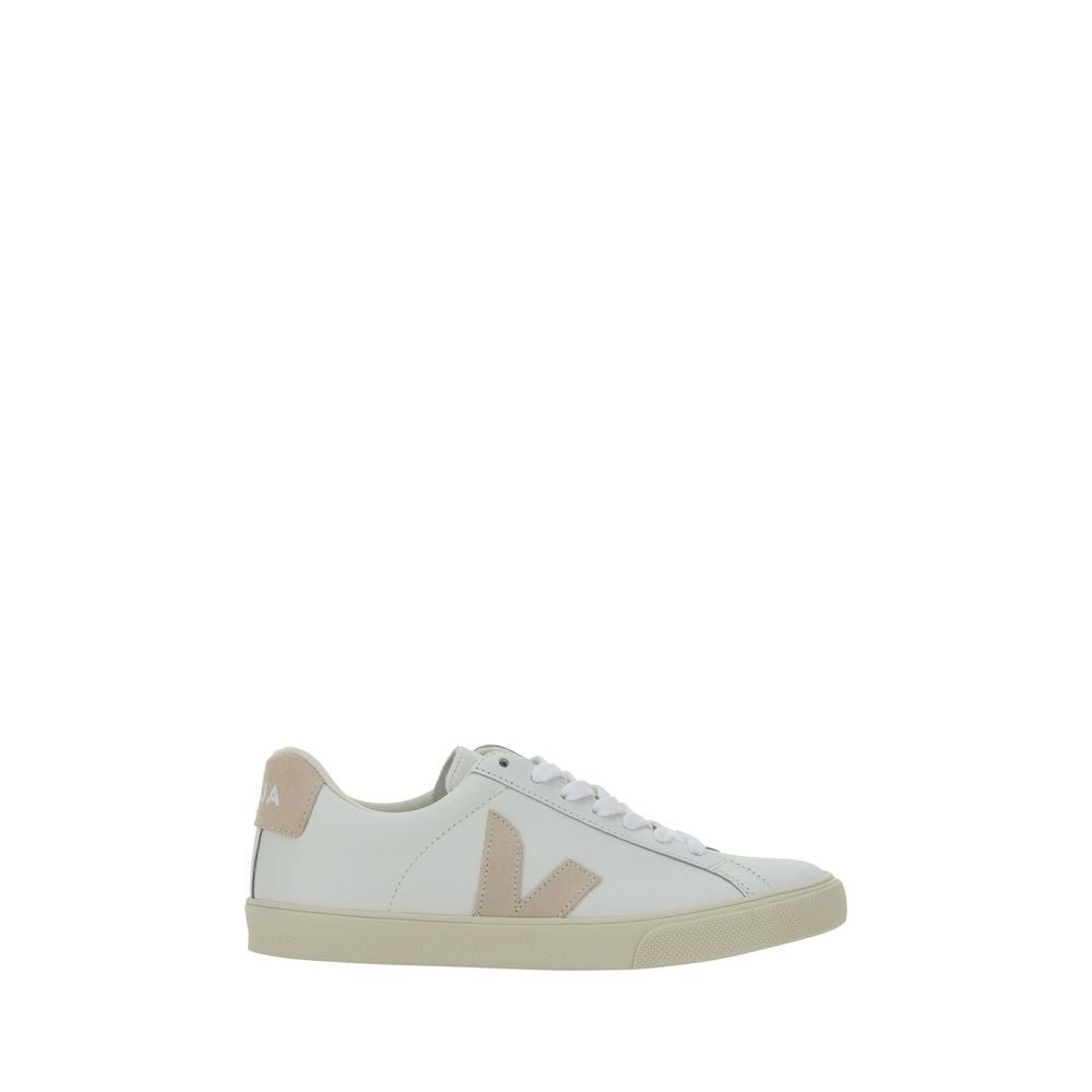 Veja white leather low top sneaker with beige V logo and heel tab, and flat laces.