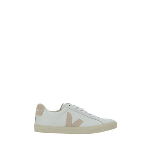Veja white leather low top sneaker with beige V logo and heel tab, and flat laces.