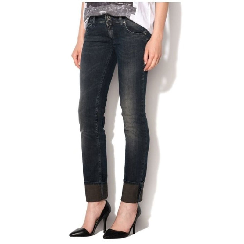 Dark blue cotton skinny jeans with cuffed hems