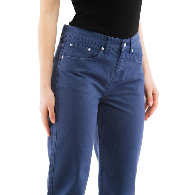 Blue cotton straight-leg jeans with a mid-rise fit and front button closure