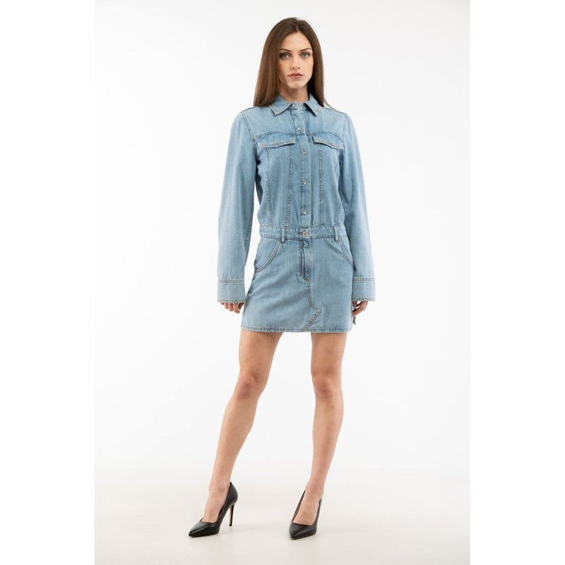 Light blue cotton denim long-sleeve casual shirt dress with front buttons and chest pockets