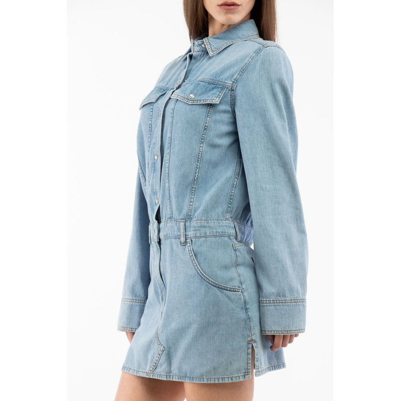 Light blue cotton denim casual shirt dress with long sleeves and front buttons